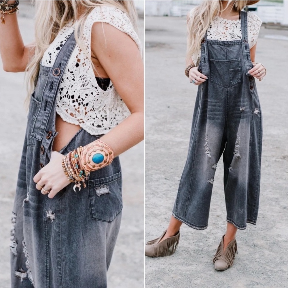 Women's Washed Gray Distressed Overalls